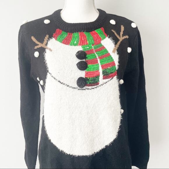 Forever 21 snowman holiday Christmas sweater size small black crew pullover - Picture 2 of 8